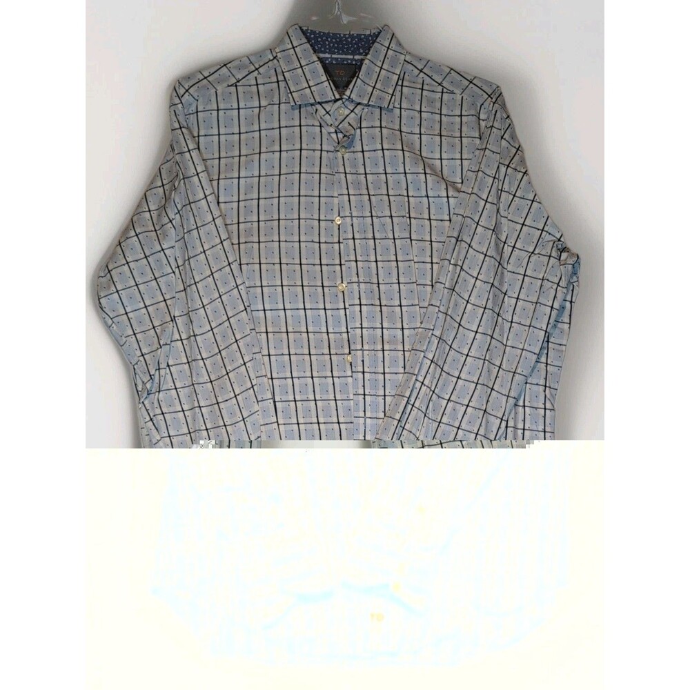 THOMAS DEAN Button Down Shirt Men's Size Lg Blue Square Stripe with 6 and 9